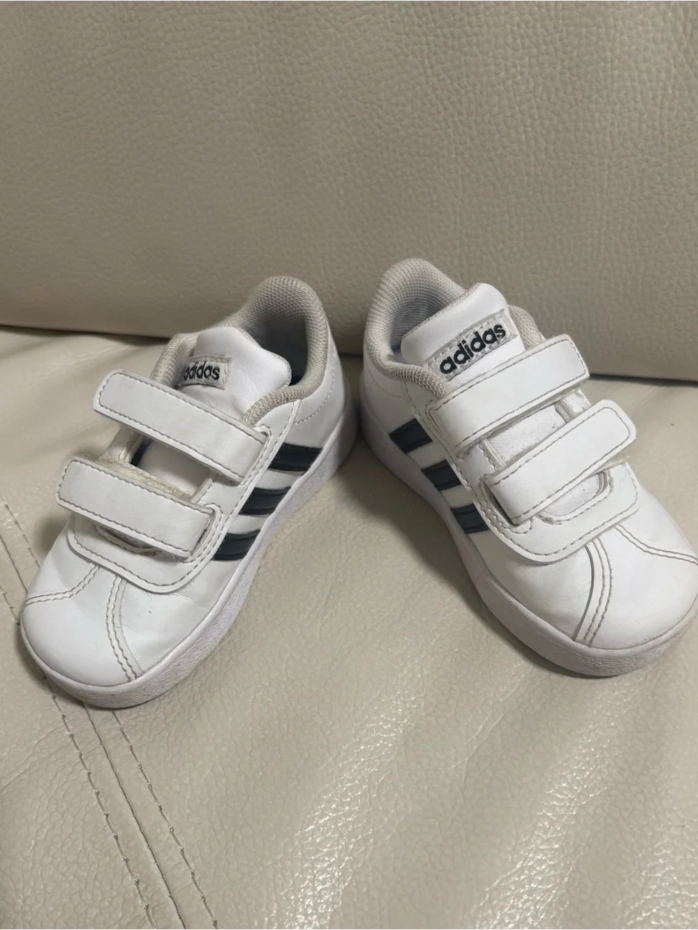 adidas Toddler White Sneakers Black Stripes Velcro Size 5.5